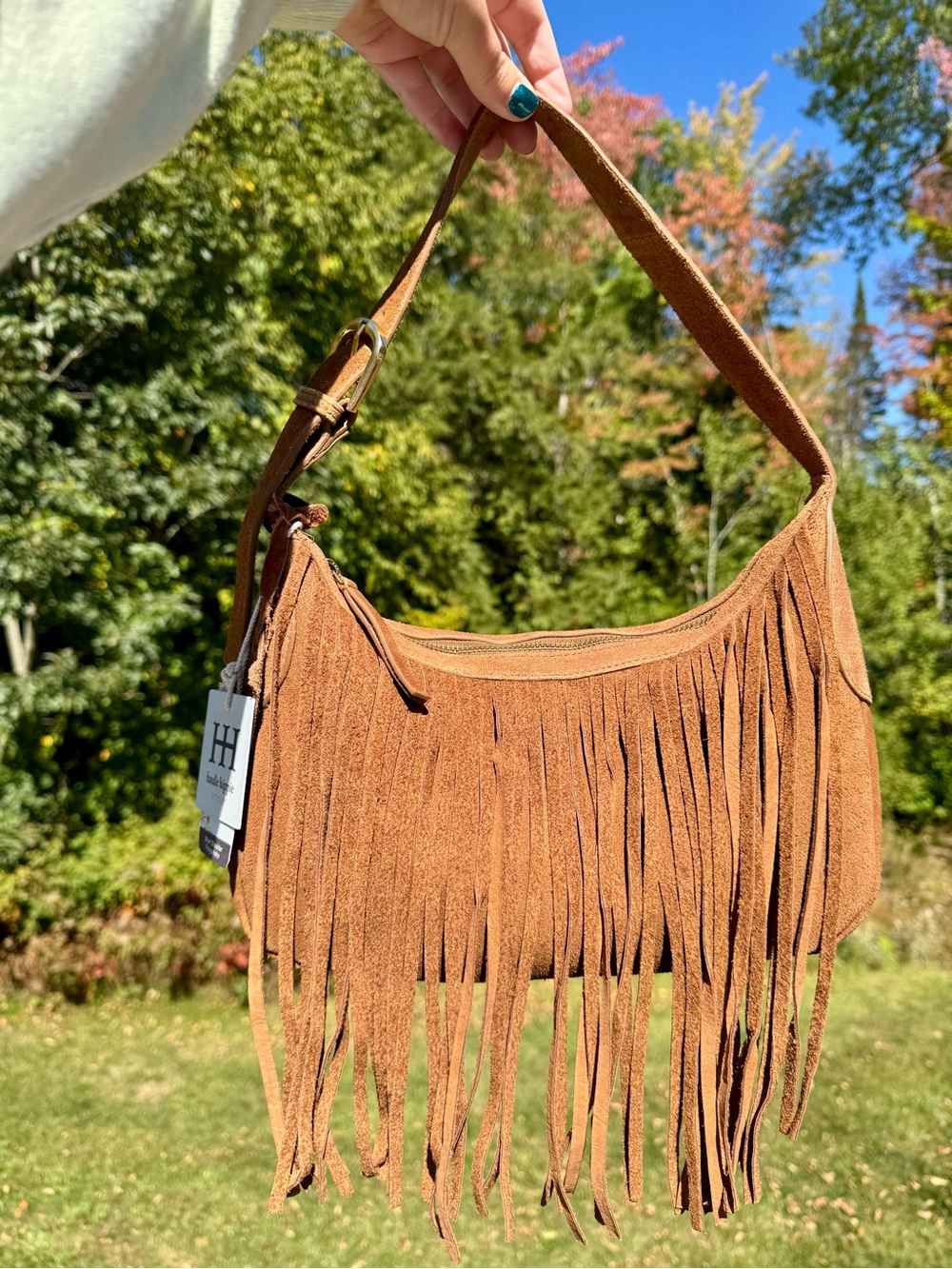 Haute Hippie Fringed Suede Hobo Shoulder Bag in Cognac